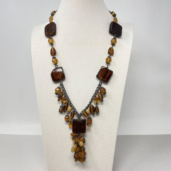 Murano Glass Beaded Necklace Square Pendant Amber Brown Faceted - Picture 1 of 16